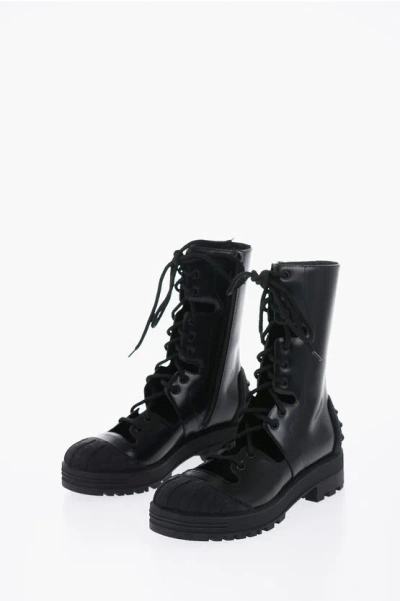 Dior Leather Iron Combat Boots With Cutouts In White