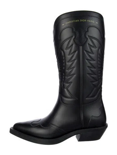 Pre-owned Dior Leather Embroidered Accent Western Boots In Black