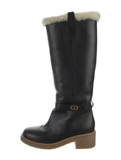 Pre-owned Dior Leather Faux Fur Trim Riding Boots In Black