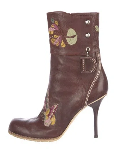 Pre-owned Dior Leather Floral Print Boots In Brown