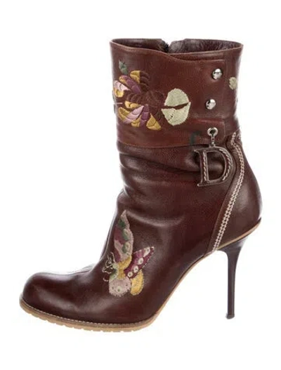 Pre-owned Dior Leather Floral Print Boots In Brown