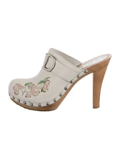 Pre-owned Dior Leather Floral Print Mules In White