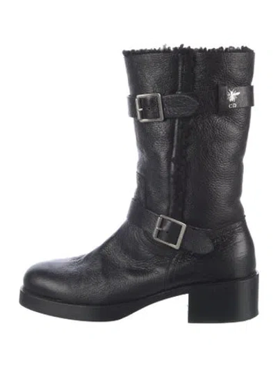 Pre-owned Dior Leather Fur Trim Moto Boots In Blue