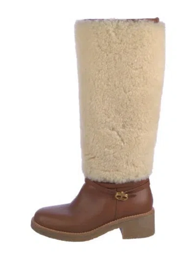 Pre-owned Dior Leather Fur Trim Riding Boots In Neutral