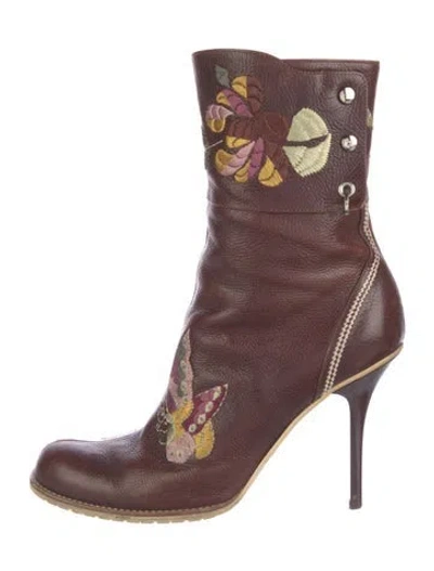Pre-owned Dior Leather Patterned Lace-up Boots In Burgundy