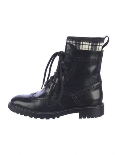 Pre-owned Dior Leather Plaid Print Combat Boots In Blue