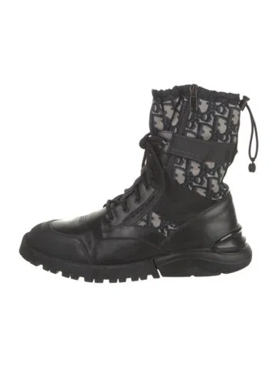 Pre-owned Dior Leather Printed Combat Boots In Black