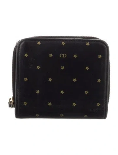 Pre-owned Dior Leather Printed Compact Wallet In Black