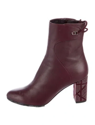 Pre-owned Dior Leather Studded Accents Boots In Burgundy