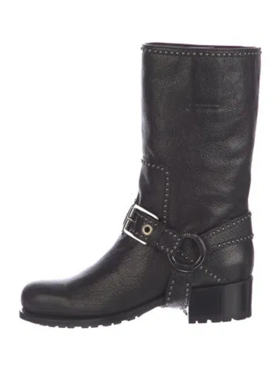 Pre-owned Dior Leather Studded Accents Moto Boots In Black
