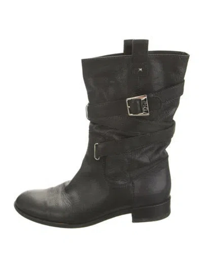 Pre-owned Dior Leather Studded Accents Moto Boots In Black