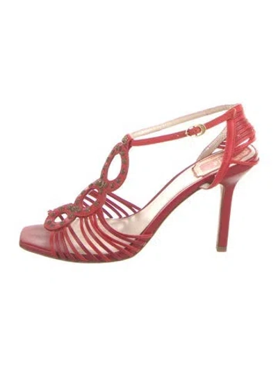 Pre-owned Dior Leather Studded Accents T-strap Sandals In Red