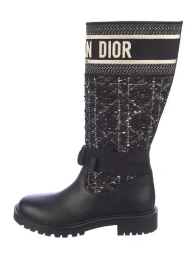 Pre-owned Dior Leather Tweed Pattern Moto Boots In Blue