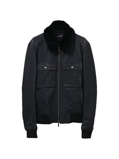 Pre-owned Dior Leather Zip-up Jacket In Blue