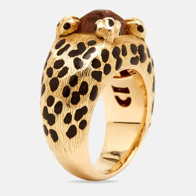 Pre-owned Dior Leopard Citrine Lacquer 18k Yellow Gold Ring Size 52