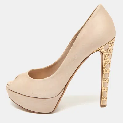 Pre-owned Dior Light Beige Satin Metal Cannage Peep Toe Platform Pumps Size 38.5