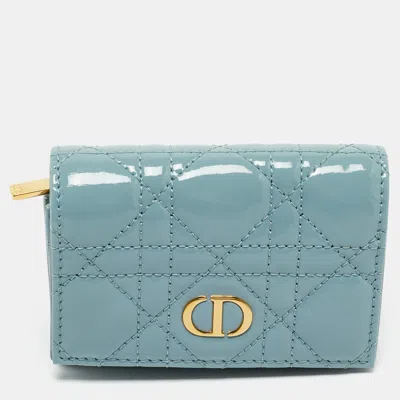 Pre-owned Dior Light Blue Cannage Patent Leather Caro Wallet