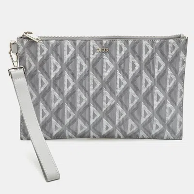 Pre-owned Dior Light Grey Cd Diamond Coated Canvas A5 Pouch In Gray
