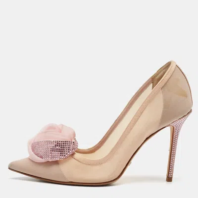 Pre-owned Dior Light Pink Fabric Garden Flower Crystal Embellished Pointed Toe Pumps Size 36