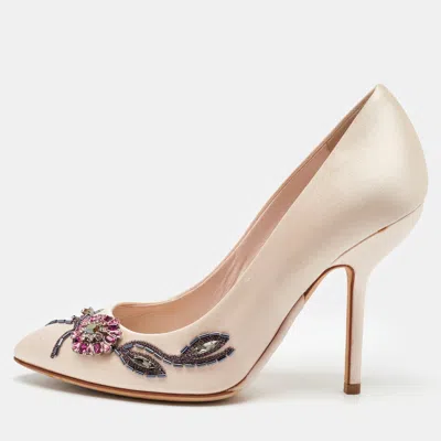 Pre-owned Dior Light Pink Satin Crystal Embellished Flower Pumps Size 38