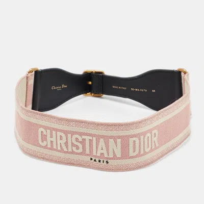 Pre-owned Dior Light Pink/white Logo Embroidered Canvas And Leather Belt 85cm