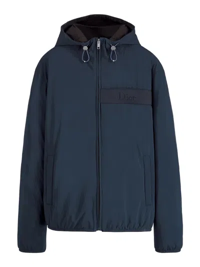 Dior Lightweight Down Jacket With Hood In Technical Fabric In Blue