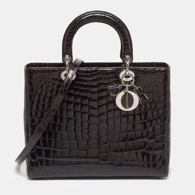 Pre-owned Dior Limited Edition 018 Large Dark Brown Shine Crocodile Tote