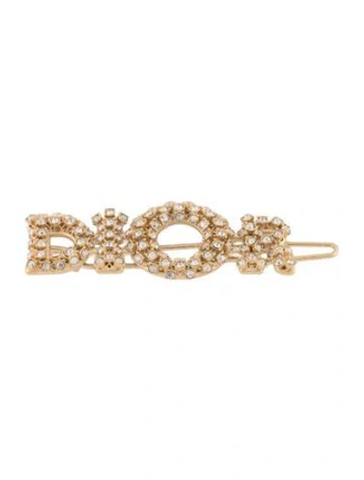 Pre-owned Dior Logo Branded Crystal Embellished Hair Clip In Gold