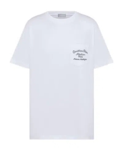 Dior Logo Embroidered T-shirt With Round Neck And Short Sleeves In White