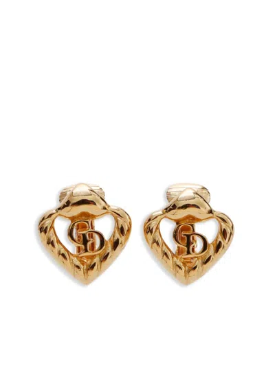 Pre-owned Dior Logo Heart Earrings In Gold