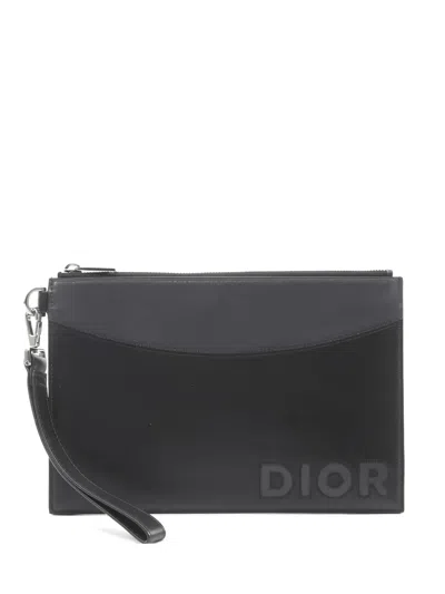 Pre-owned Dior Logo-patch Leather Clutch Bag In Black