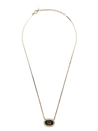 Pre-owned Dior Logo-pendant Rhinestone-embellished Necklace In Gold