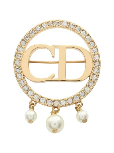Pre-owned Dior Logo Rhinestone Brooch In Gold