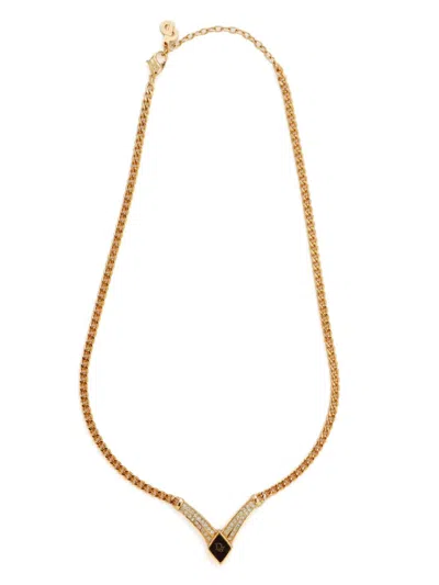 Pre-owned Dior Logo Rhinestone Necklace In Gold