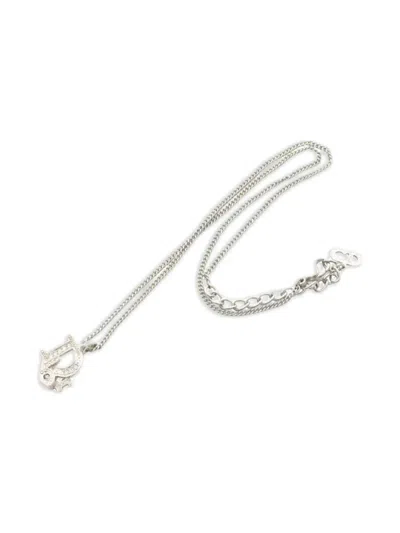 Pre-owned Dior Logo Rhinestone Necklace In Silver