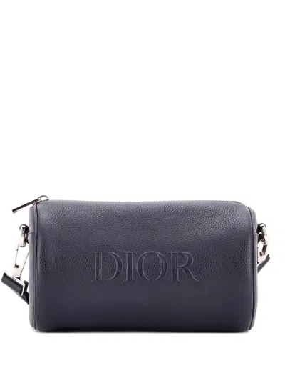 Pre-owned Dior Logo Roller Messenger Bag Embossed Leather Shoulder Bag In Blue
