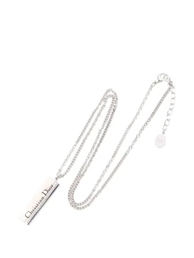 Pre-owned Dior Logo-engraved Bar Necklace In Silver