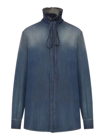Dior Long Blouse With Knot Collar In Cotton Denim In Black