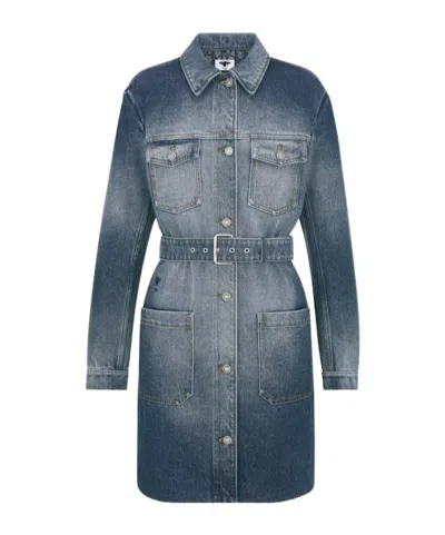 Dior Long Button Denim Coat In Blue