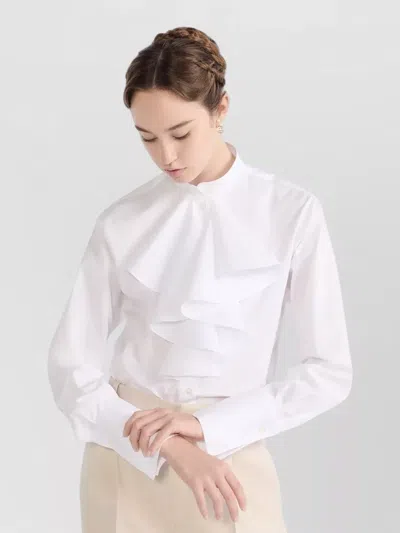 Dior Long Sleeve Mandarin Collar Ruffled Top In White