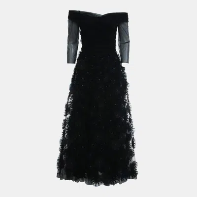 Pre-owned Dior Long Sleeve Sheer Floral-applique Dress Us 6 In Black