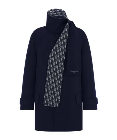 Dior Coat High Collar Front Pockets Scarf Detail In Blue