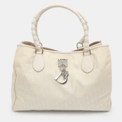 Pre-owned Dior Lovely Cream/white Oblique Nylon And Leather Tote
