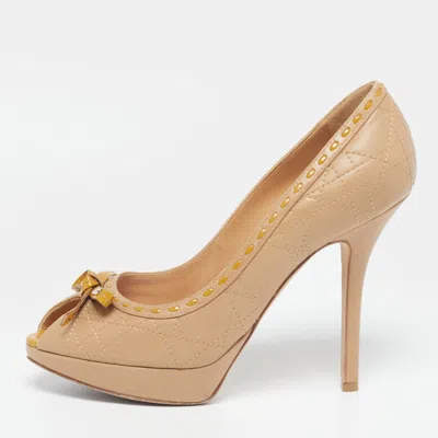 Pre-owned Dior Lovely Size 37.5 Beige Leather Peep Toe Pumps In Sand