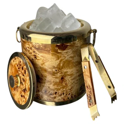 Pre-owned Dior Lucite Burl Wood & Brass Ice Bucket With Tongs, Italy, 1970s In Brown
