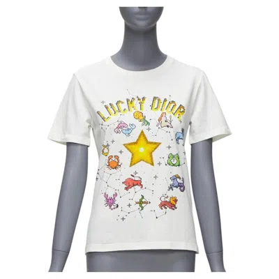 Pre-owned Dior Lucky  Zodiac Pixel Print White Cotton Linen Short Sleeve Tshirt Xs