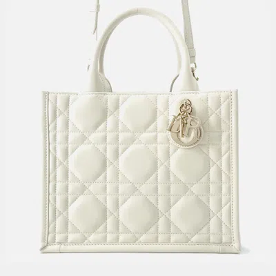 Pre-owned Dior Macrocannage Book Tote Latte White Calf Leather Size Small