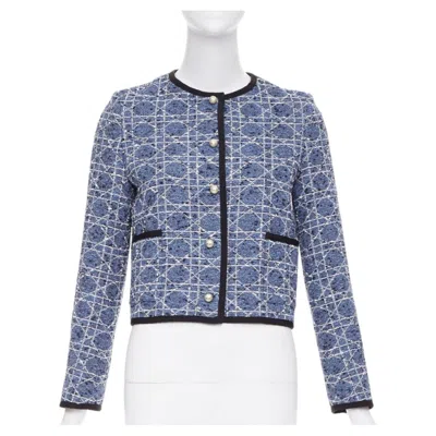 Pre-owned Dior Macrocannage Technical Cotton Tweed Blue White Pearl Button Jacket Fr34 Xs