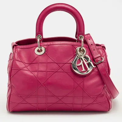 Pre-owned Dior Magenta Cannage Leather Granville Polochon Satchel In Pink