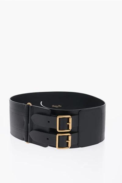 Dior Maxi Leather Waist Belt With Double Golden Buckle 100mm In Black